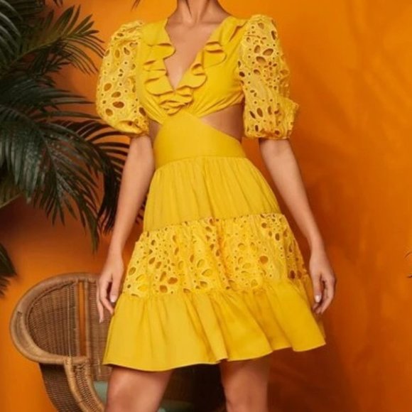 Boho Cut Out Embroidery Eyelet Ruffle Trim Tie Back Dress - Picture 4 of 7